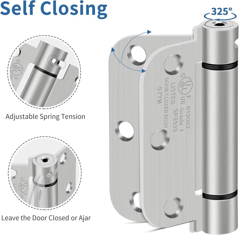 IOQ 3.5 Inch Self Closing Door Hinges, 5/8" Radius Corners Spring Loaded Hinges for Interior Door, Bedroom, Pantry Door, UL Listed, for Left and Right Hand Door, Brushed Nickel, 2 Pack - Image 4